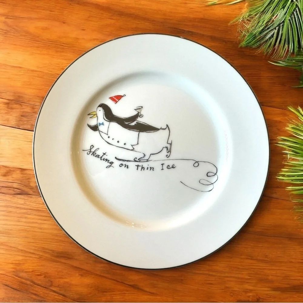 Pottery Barn Penguins Plate - “Skating on Thin Ice” - 7.5” - Made in Japan